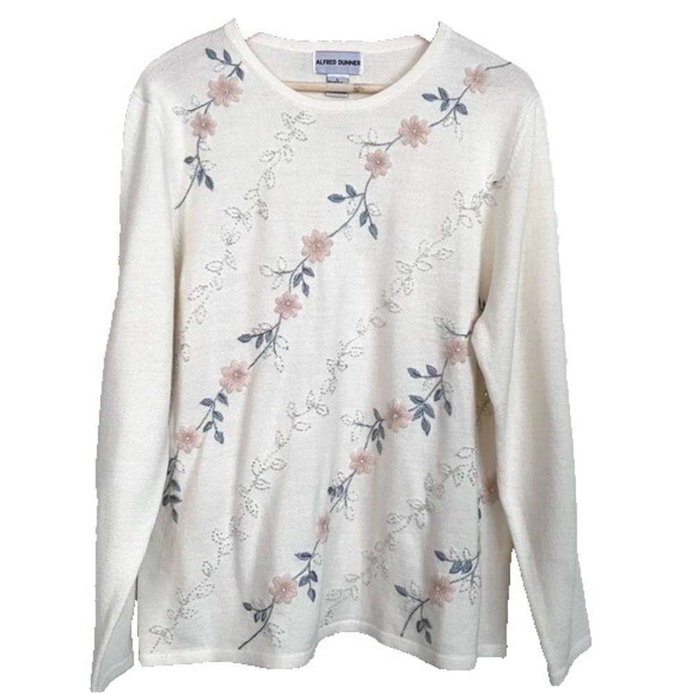 Vintage 80s Embroidered Sweater Women Large Coastal Grandma Pastel Floral Spring